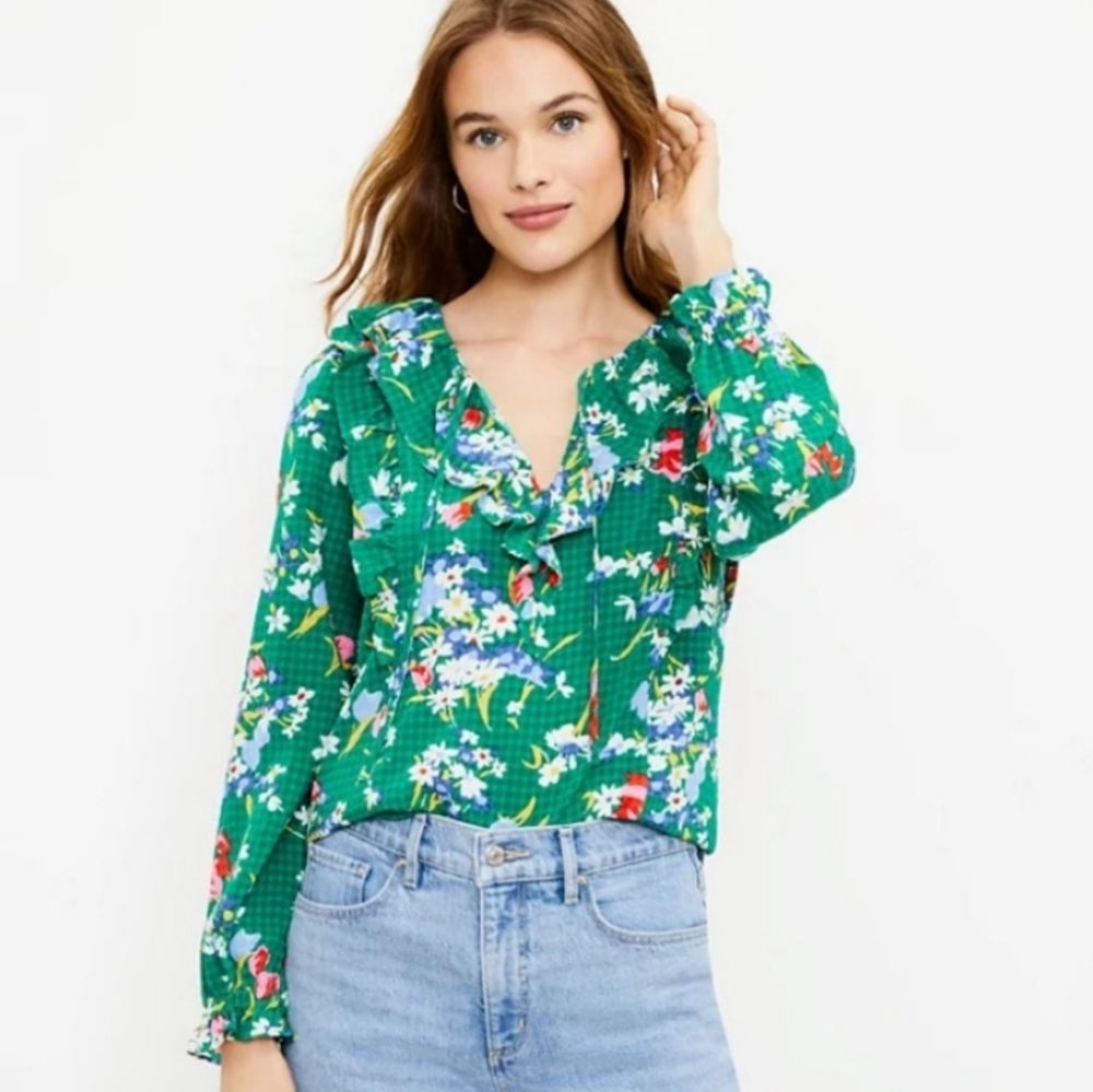 Loft Bouquet Floral Ruffle Tie Neck Top Blouse Green Size Small